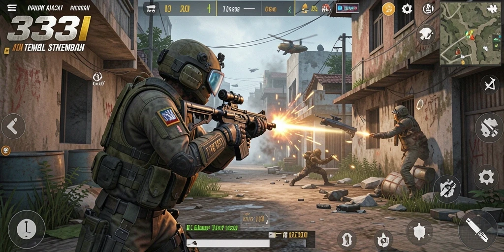 Screenshot 333I menampilkan aksi seru dalam pertempuran TPS.