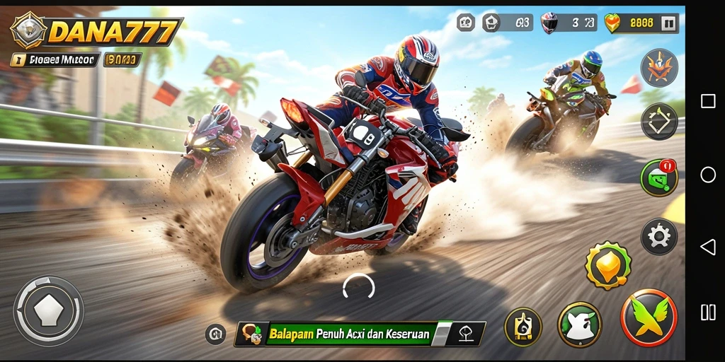 Screenshot DANA777 menampilkan aksi balapan motor yang menegangkan.