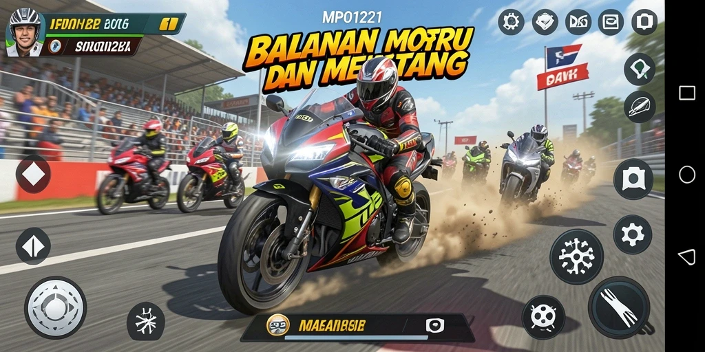 Tampilan gameplay seru dari MPO1221 yang menampilkan balapan motor.