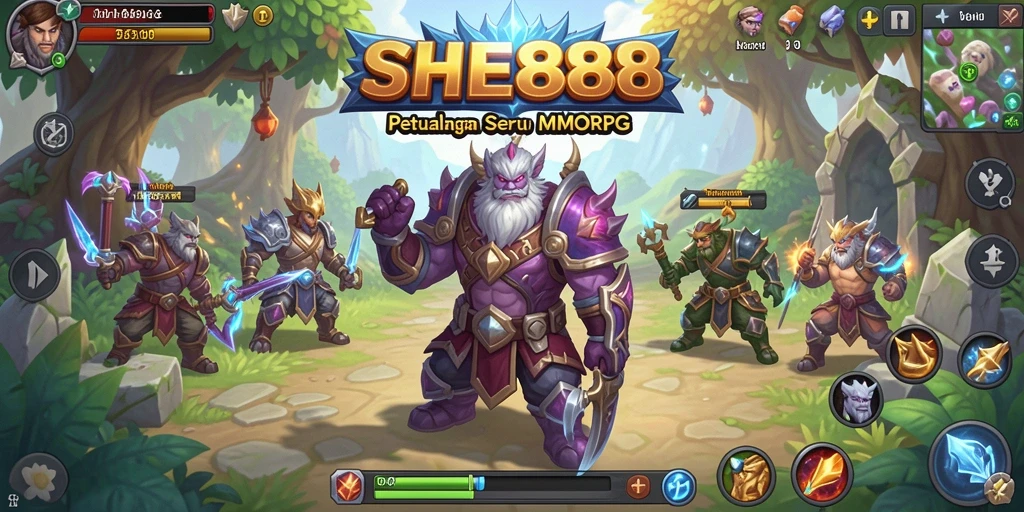 Screenshot gameplay SHE888 menunjukkan aksi pertarungan mendebarkan dalam MMORPG.